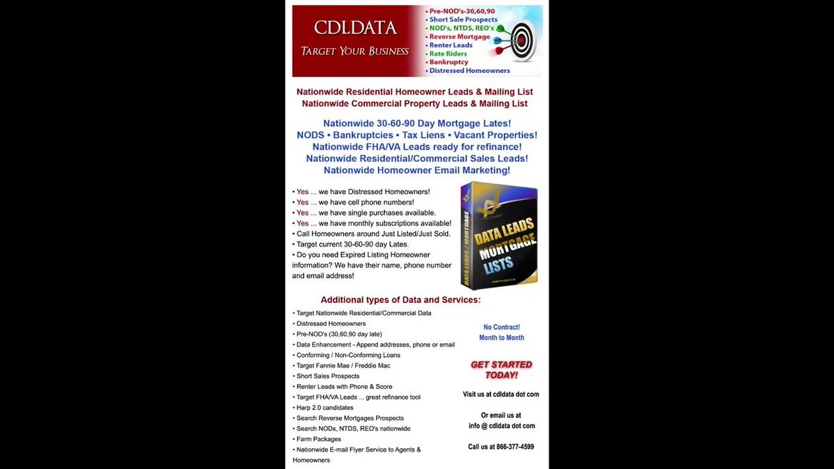 #JonTheDataMan    #SpeedToLead    #CDLData

As the nation’s largest data provider, I just wanted to update you about our products and services. Especially our 30-60-90 day Lates with bureau cell phone numbers and email addresses.

• Pre-NOD's-30,60,90
 • Short Sale Prospect ...
