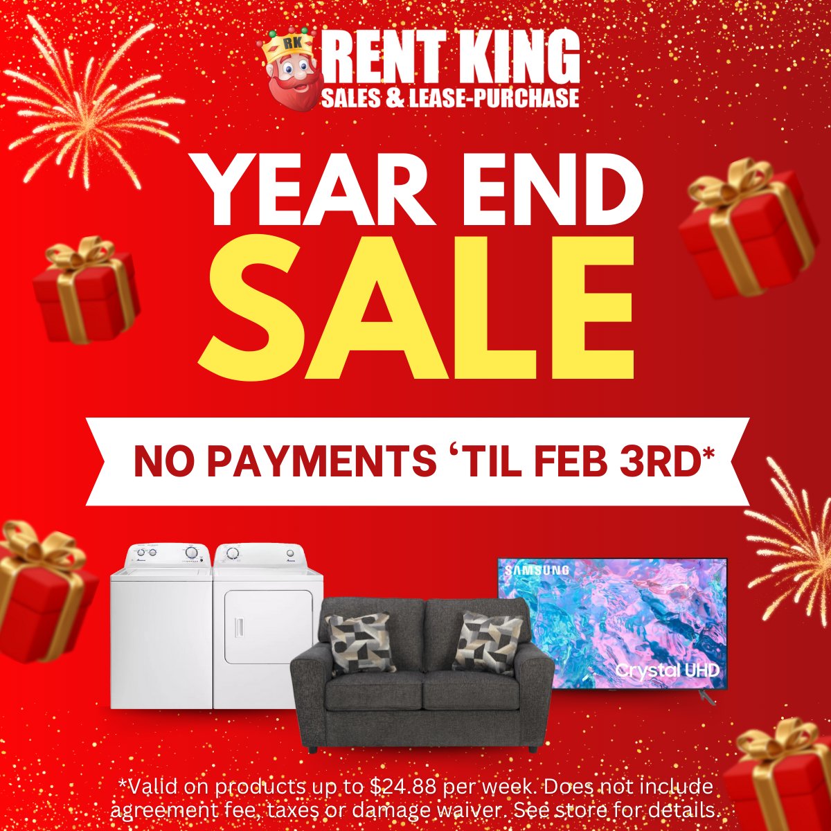 🎊✨ Cheers to Savings at Rent King's Year End Sale! 🛒🏠 Explore unbeatable deals and enjoy the freedom of no payments until Feb 3rd! As we clear out inventory, seize the chance to refresh your space without breaking the bank! 💼🛋️ #RentKing #InventoryClearance #NoPaymentsTilFeb
