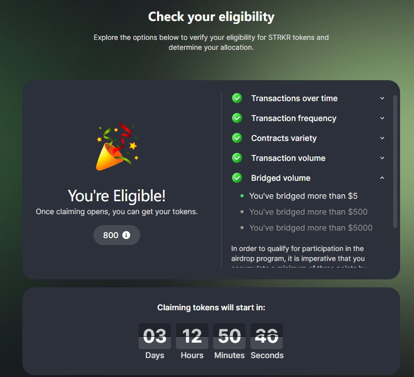 Starknet上的一个土狗，根据交互来判断领取资格

感觉有点像aidoge，而这个土狗是Starknet空投之前，主打一个白嫖！

starkrocket.xyz/airdrop

3天之后领取，到时候观看下是否安全再领取

 #P3 $wom