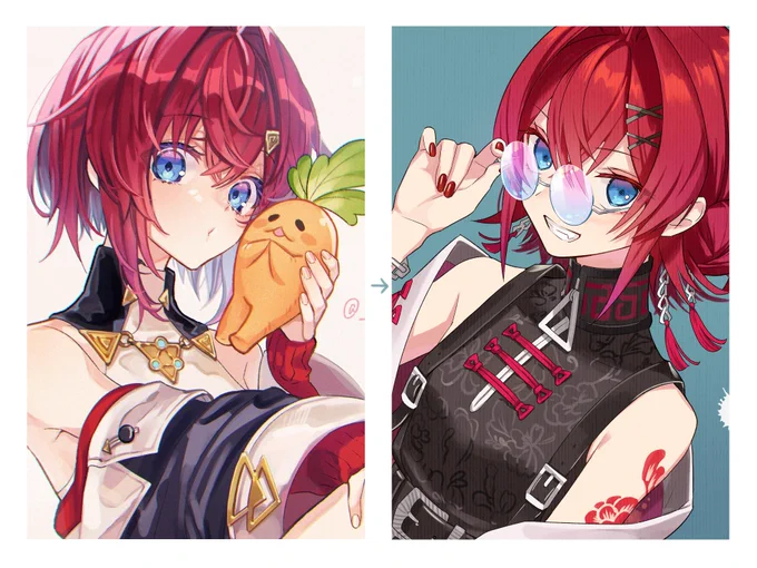 今年の1月に初めて描いたアンジュと秋に描いたアンジュを並べてみました塗りがさっぱりした! 