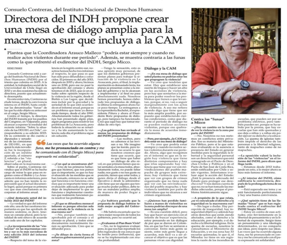 Con el terrorismo no se dialoga jamás, solo aclarar al INDH que con 27 años de silencio y desidia hoy ya no es la CAM solamente, sino 10 organicas radicales terroristas que siguen avanzando en el control territorial rn la Macrozonasur.