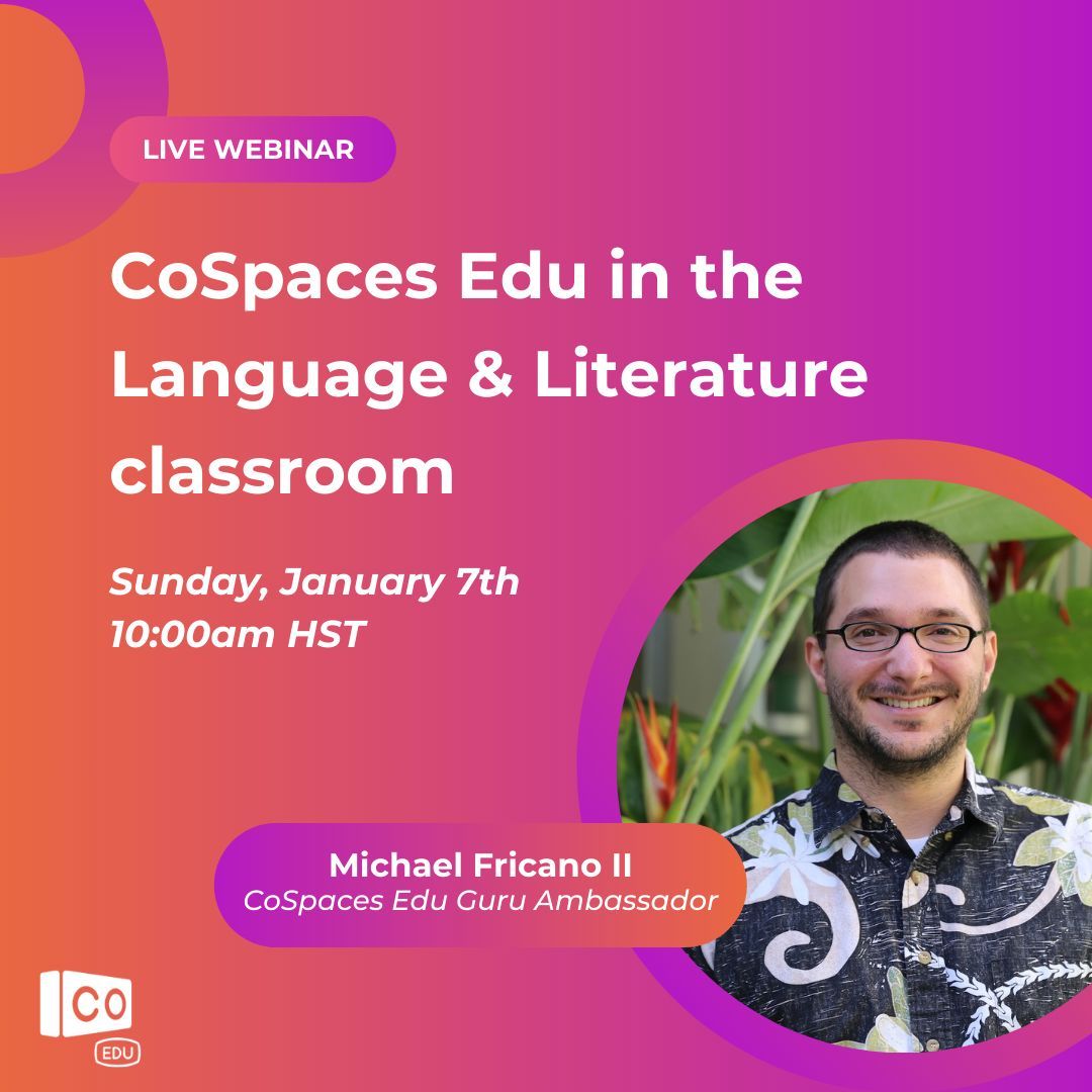 Delightex_Edu's tweet photo. 🗓️ Don't forget to save the date! Jan 7th, 10AM HST - Michael Fricano II, our Guru ambassador, shares how to transform Language &amp; Literature classes with CoSpaces Edu 📖💡 Sign up here https://t.co/IReDtY0pgC #Language #Literature #Innovation #ARVRinEdu #EdTechApps https://t.co/8CQe2OjAYl