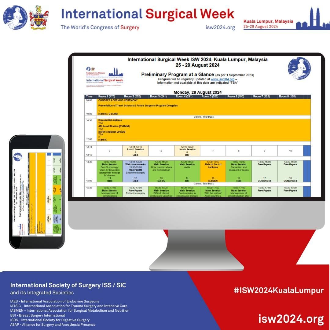 iss_sic's tweet image. Discover the latest updates! 📆 Seek out the updated preliminary program for the Internationl Surgical Week (ISW) 2024 now. Stay in the loop for all the exciting details! 🔍 isw2024.org/program #ProgramUpdate #StayTuned #SurgicalSociety #isssic #some4surgery