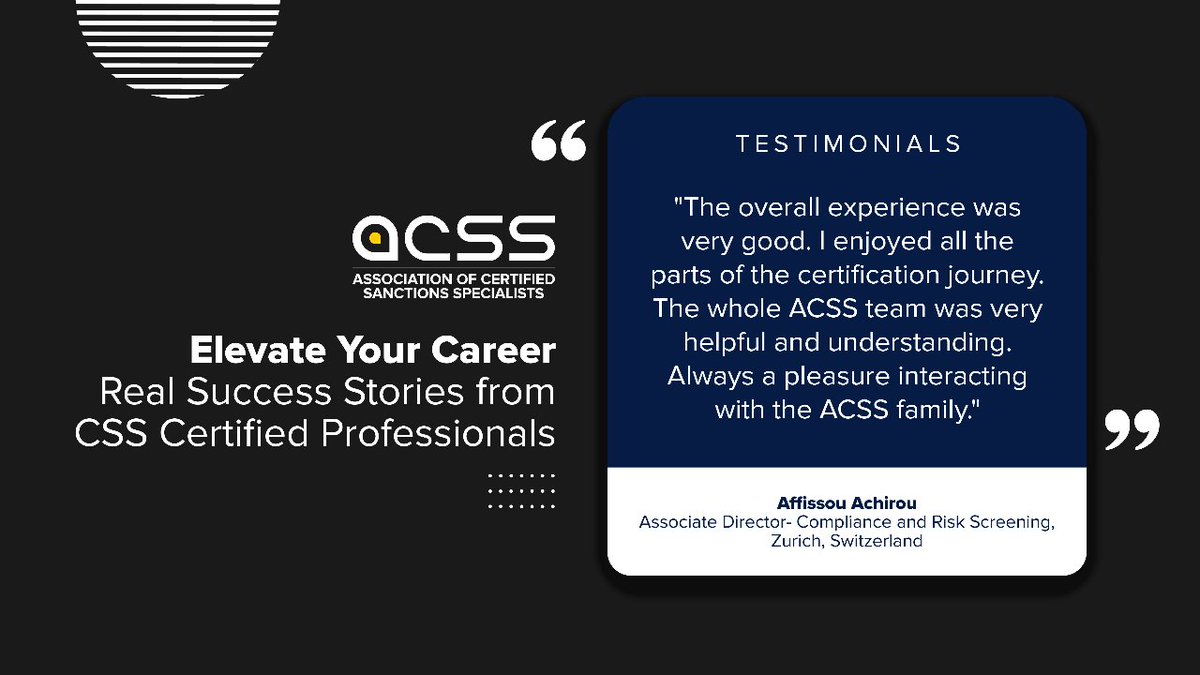 ACSS_Sanctions's tweet photo. Discover a journey of professional enrichment with ACSS's CSS Certification Program, as experienced by Affissou Achiou from Zurich. Our program is not just a learning experience; it's a gateway to becoming part of the #ACSSCommunity

#ACSS #CSS #CSSCertification #GlobalCommunity https://t.co/DP8W5zO9g6