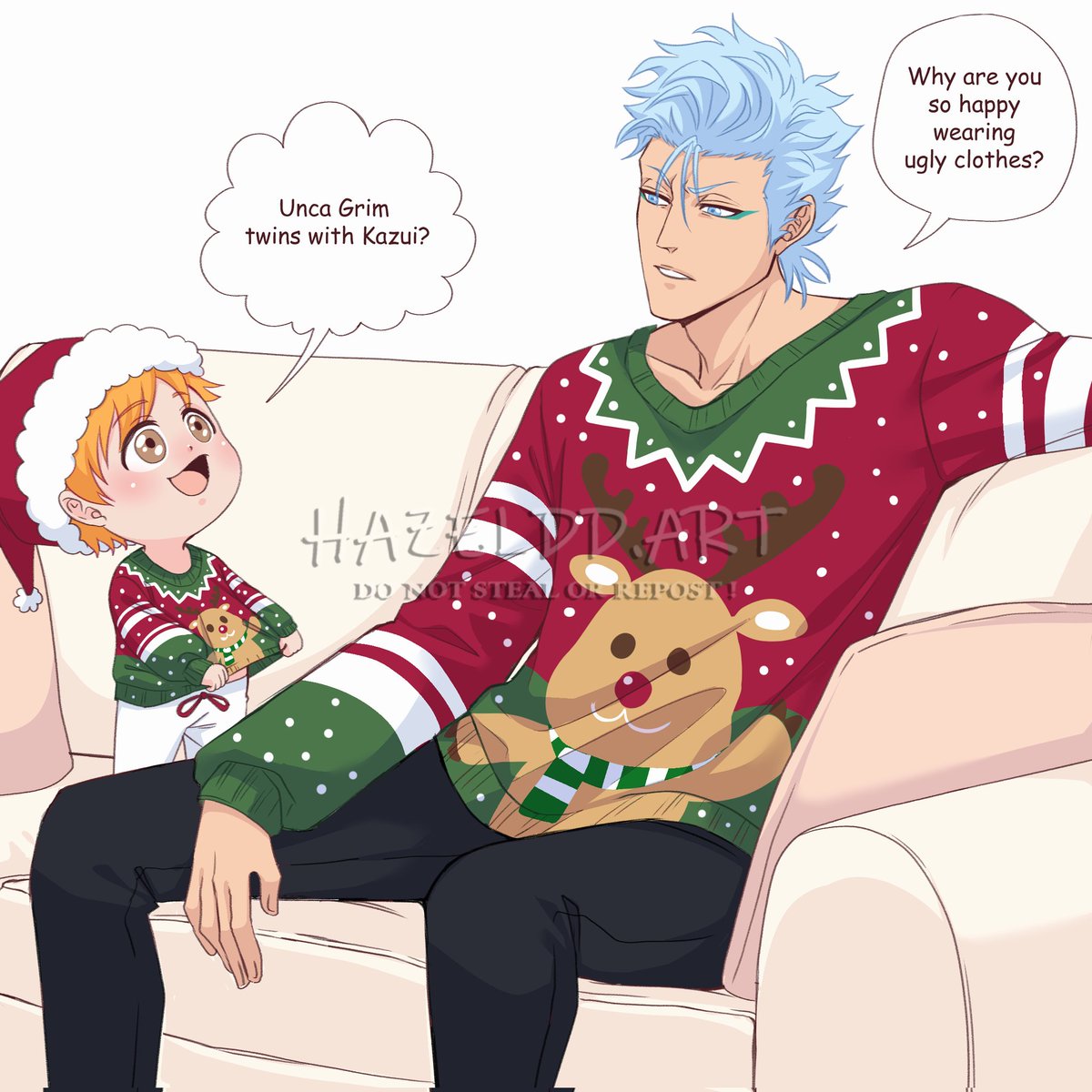 Merry Christmas 🎄❤️ 
.
Urahara had a great idea to make Kazui and Grimmjow wear matching Christmas sweaters. Kazui is happy, and Grimmjow is annoyed.
.
#grimmjowjaegerjaquez #kurosakikazui #BLEACH #Fanarts #digitalart #hzldd