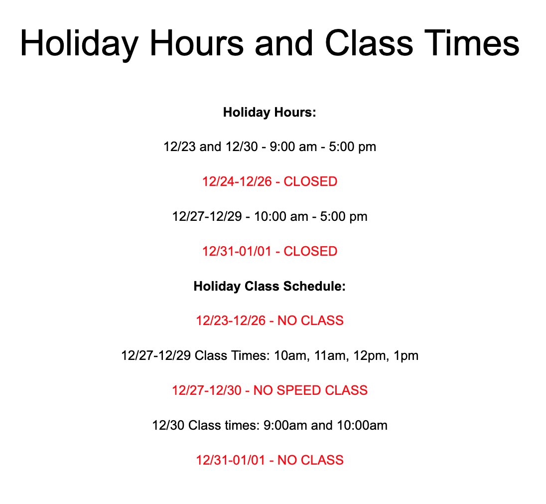 Focus Performance Holiday Schedule!