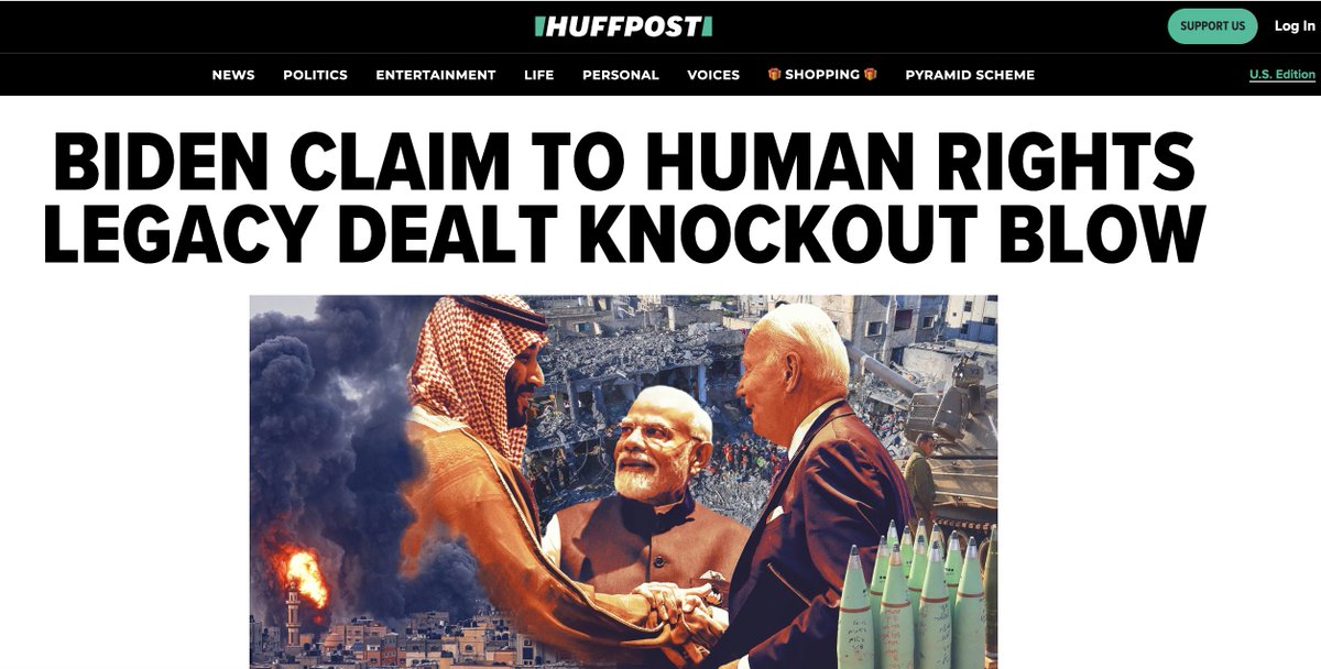 NEW: From Saudi to Modi to migration, Biden's promise to champion human rights internationally has looked more & more hollow since 2021. His Gaza policy will likely be the final blow to that idea—and to his claim to a more humane foreign policy than Trump. huffpost.com/entry/israel-g…