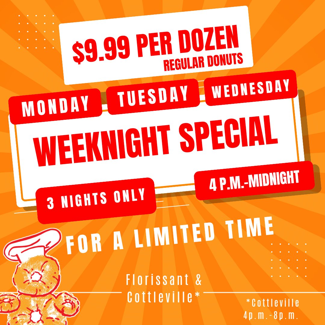 OldTownDonuts's tweet photo. $9.99 Special! No coupon necessary!
4p.m.- Midnight at Florissant
4p.m.-8p.m. at Cottleville https://t.co/VYG4rxxRAd