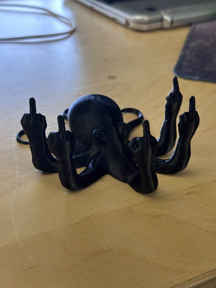 My better half got me a 3d printer and now I’m down the rabbit hole. But my first full print is done and came out pretty well. The #Fucktopus rides again! I’m off to place a large amazon order and start building an Octoprint box. Yay for PTO! Tips welcomed!