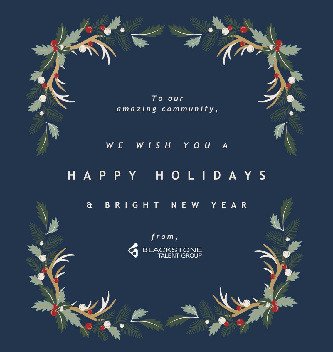 BStoneTalent's tweet photo. As this year comes to an end we want to continue the season of joy, peace and happiness by sending warm wishes to you and your loved ones. May this season and new year be filled with happiness, good health and success.

Season's Greetings from the Blackstone Talent Group Team! https://t.co/PyBrnGF3j6