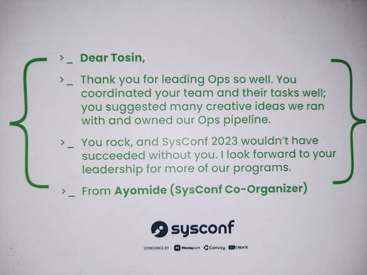 Tosin (@oluwatosinfatun) on Twitter photo When it comes to Ops, I am good at it.
Thanks to my team members for going the extra mile. Numerous dry runs, until we got it right.
Next year, I will be leading more projects 💚
Thanks <a href="/_alternatewolf/">ayo (padawan)</a> <a href="/sysconf_/">SysConf by SysDsgn</a>
<a href="/sysdsgn/">System Design Conversations</a>
#Sysconf When it comes to Ops, I am good at it.
Thanks to my team members for going the extra mile. Numerous dry runs, until we got it right.
Next year, I will be leading more projects 💚
Thanks <a href="/_alternatewolf/">ayo (padawan)</a> <a href="/sysconf_/">SysConf by SysDsgn</a>
<a href="/sysdsgn/">System Design Conversations</a>
#Sysconf