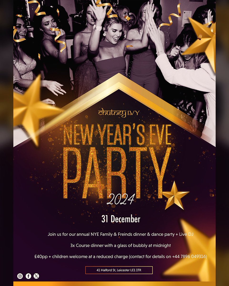 Join us for our annual NYE Family &amp; Freinds, Dinner &amp; Dance Party 💃🕺🥂

- 3x Course dinner 
- Glass of bubbly at midnight 
- Live DJ 

Only £40pp

Children welcome at a reduced charge (contact for details +44 7896 049316)

Call us to book now 📲

#newyearseve #party #dinner