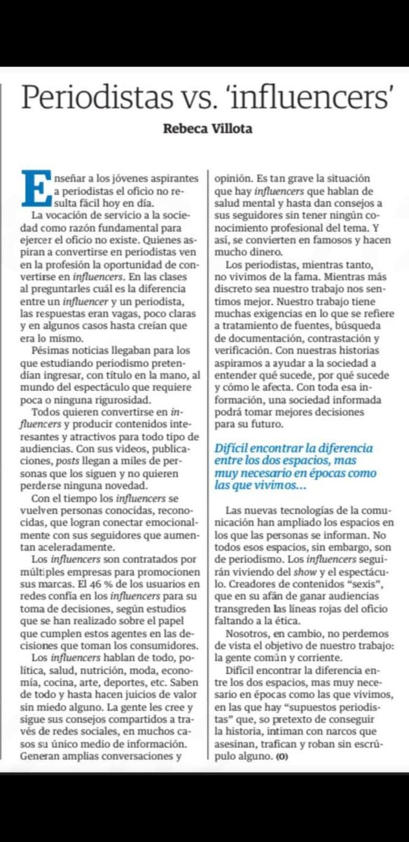 VillotaRebeca's tweet photo. Comparto con ustedes mi artículo de hoy publicado en el Diario El Universo sobre la diferencia entre periodistas e influencers. Algo que hay que tomar en cuenta cuando de informarnos se trata. https://t.co/IiiRkQIiqx