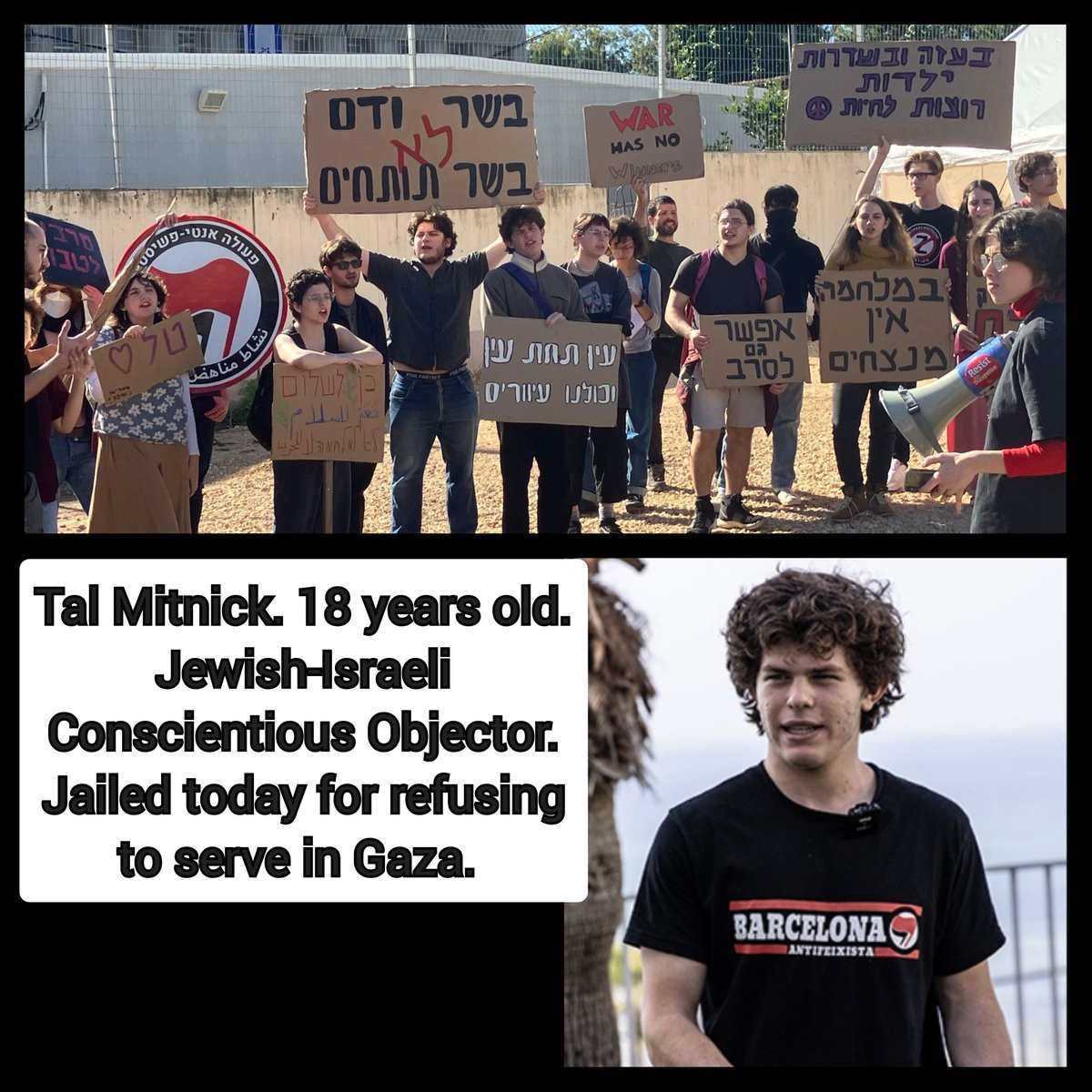 1/3 Tal Mitnick, the first Jewish-Israeli jailed for refusing compulsory military service in Gaza.

"I will refuse to enlist. Refuse to take part in the criminal war in Gaza. I believe a massacre cannot solve a massacre. Violence cannot solve violence. Therefore I refuse."