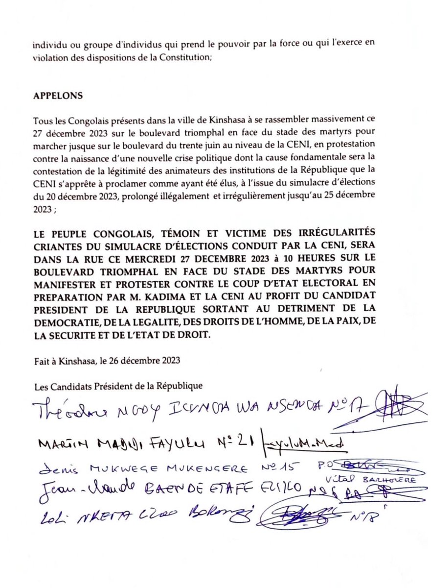 Marche ce mercredi 27 décembre contre le simulacre d’élections du 20 décembre et le rejet de ses résultats.
Peuple Congolais, soyez nombreux au rendez-vous. Départ : Boulevard Triomphal, Arrivée : Siège de la CENI sur le boulevard du 30 juin.