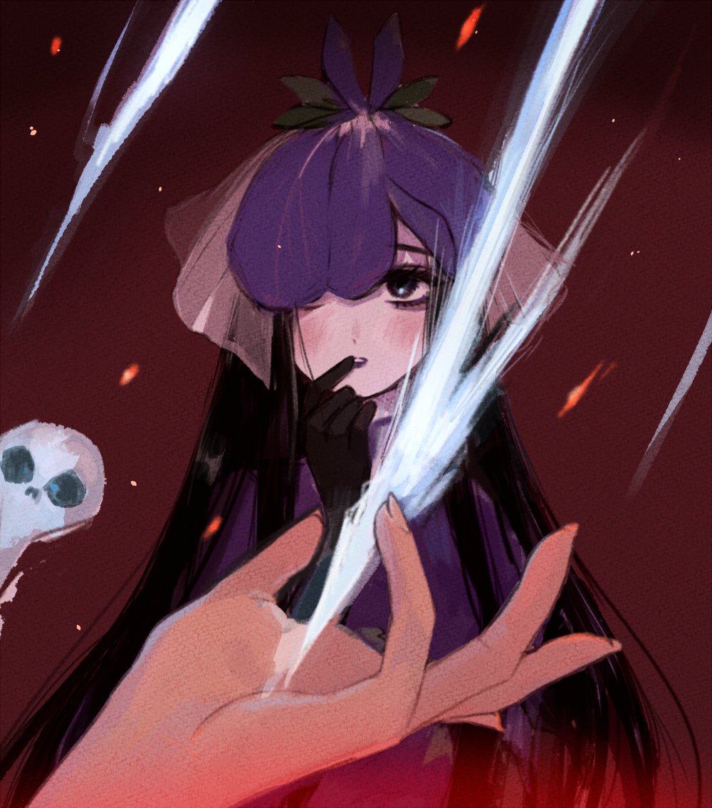 1girl long hair hair over one eye purple hair gloves black hair one eye covered  illustration images