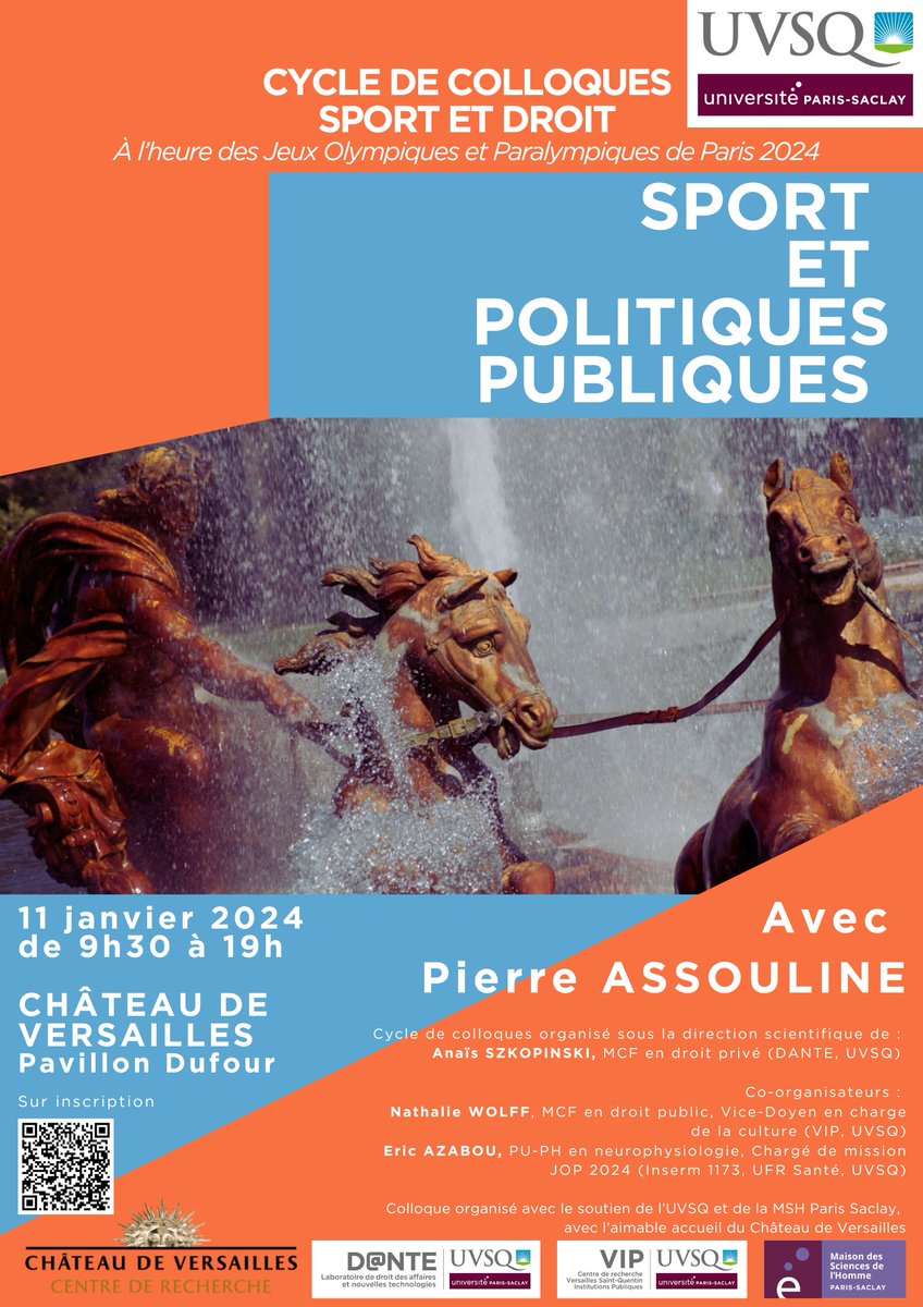 Le 11 janvier 2024 au colloque Sport et politiques publiques, nous recevrons Pierre Assouline au Château de Versailles. 
 Il sera interviewé en direct par Patrice Carmouze et Nathalie Wolff, pour son livre Le Nageur (éd. Gallimard).
A bientôt pour cet événement ! #SportEtDroit