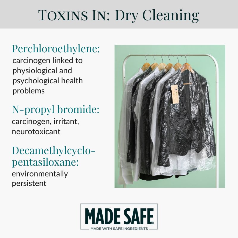 madesafehq's tweet image. Dry Cleaning chemicals can last for a long time on clothes, leading to harmful health effects for the people who come in contact by wearing them. ➡️STORY: madesafe.org/blogs/viewpoin… #drycleaning #madesafe
