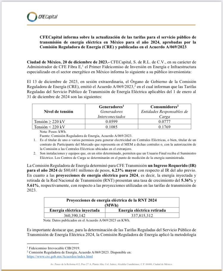 DividendosM's tweet photo. Comunicado de CFE Capital sobre aumento de las tarifas de transmisión de energía para el año 2024.

#FCFE #Fibras https://t.co/sU8HLutipY