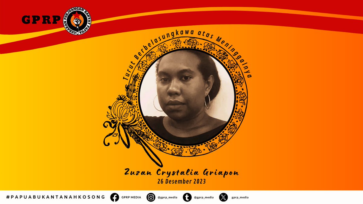 FakFak1995's tweet photo. Turut berduka cita yg mendalam atas meninggalnya saudari Zuzan Crystalia Griapon di Norway pada 26 Desember 2023.
Selamat Jalan Kawan Seperjuangan.
#papuabukantanahkosong
#gerakan_perjuangan_rakyat_papua
#gerakanperjuanganrakyatpapua
#gprp
#greenpapuacomunity
#papuanlivesmatter https://t.co/5jwpnxGslC