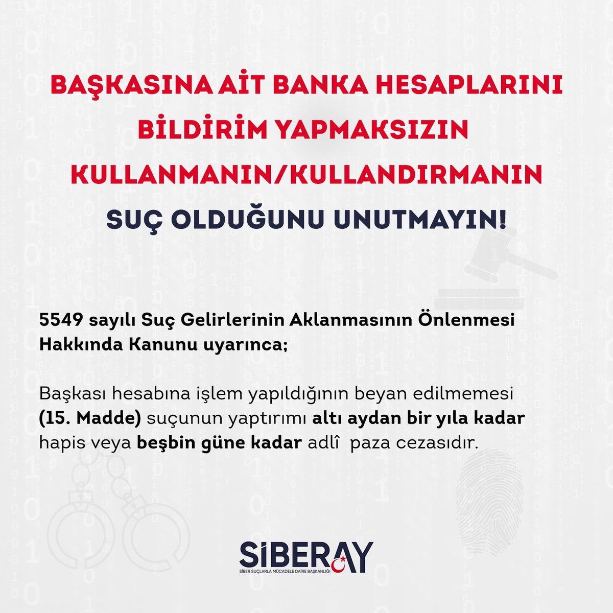 SiberayEGM's tweet photo. 🏦⚖️”Hesap/IBAN kullandırma” olarak bilinen, banka hesaplarının başkası tarafından bildirim yapılmaksızın kullanılması işleminin suç olduğunu biliyor muydunuz❓

❌Banka hesabınızı kullandırarak suç işlemeyin, işlenen dolaylı suçlara aracı olmayın. 

#SİBERAYUyarıyor
#SİBERAY🌙 https://t.co/F91QwPfiCM