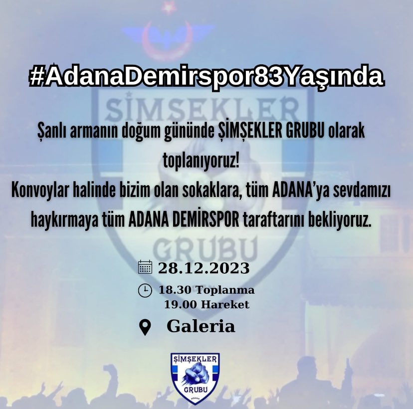 Sevdamızı kutlamak için buluşuyoruz 

#AdanaDemirSpor83Yaşında
