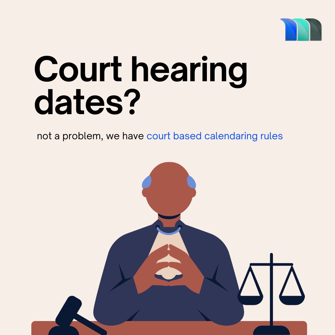 MatterSuite's tweet image. No need to stress about court hearing dates! Our court-based calendaring rules have got you covered. ⚖️✨ 

Visit: mattersuite.com  

#MatterSuite #LegalWorkflow #Litigationmanagement #mattermanagement #casemanagement #legalmattermanagement #legalpracticemanagement
