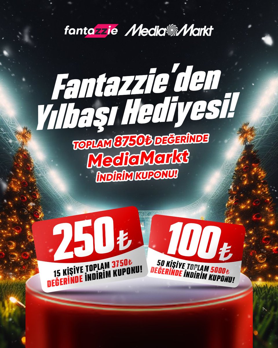 Fantazzie_TR's tweet photo. 🎄Fantazzie'den Yılbaşı Hediyesi! 
🎁Toplam 8.750 TL değerinde @mediamarkt_tr indirim kuponu! 
     15 Adet 250 TL'lik indirim kuponu,
     50 Adet 100 TL'lik indirim kuponu hediye! 

Şartlar;

@Fantazzie_TR'yi takip et,
RT yap, 
3 arkadaşını etiketle

Kazananların indirim kuponları 28 Aralık Perşembe 12.00 itibariyle sosyal medya hesaplarına iletilecek.