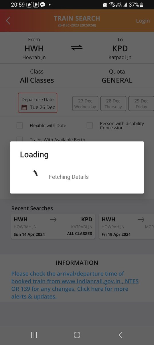 ArvindANT's tweet photo. @IRCTCofficial your app irctc connect is not working. Not able to fetch destination in search button. Only loading, loading and loading. Pls fix the bug. https://t.co/DFJKzuyheT
