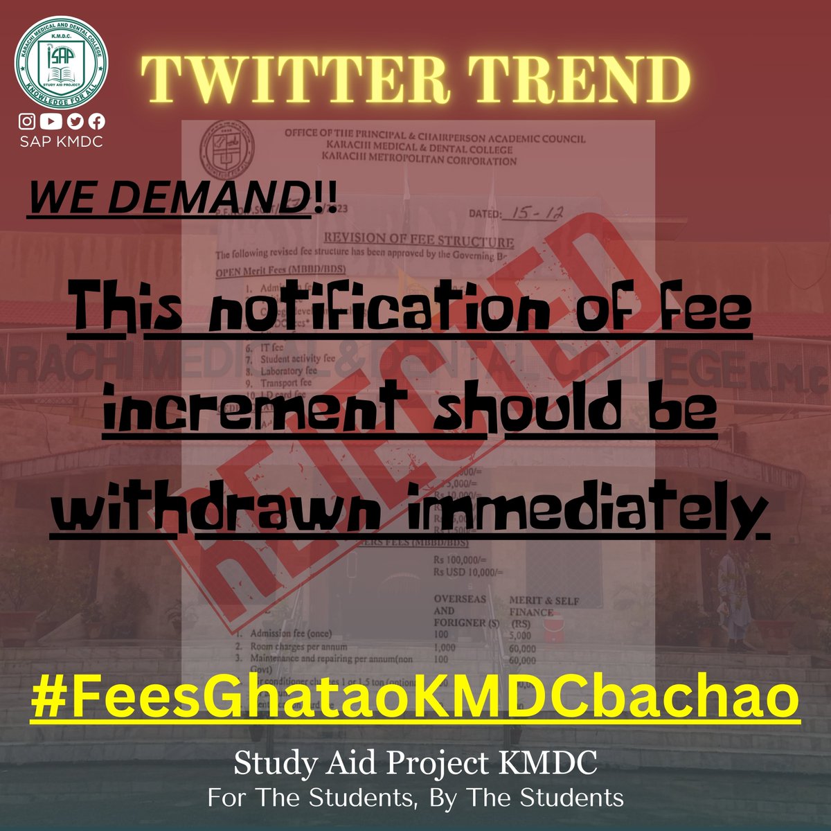 sapKMDC's tweet photo. This act of injustice is a fees bomb on all the MDCAT aspirants from middle class family, shattering their dreams of becoming a doctor just because they cannot afford fee.
we immediately demand the higher authorities to take strict action and save education 
#FeesGhataoKMDCbachao https://t.co/k7f1x2DFSh