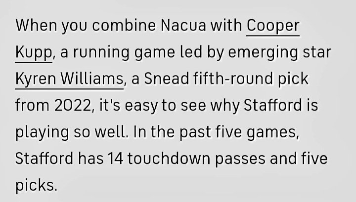huggableatheist's tweet photo. @PriscoCBS Great latest article about Rams in your new power ranking. However, you may want to edit last line in this part below. Because, Stafford has only had 1 pick since the bye week as far as I know.  In fact he is one of the only quarterbacks that has I think. https://t.co/rOk2pFAWVu