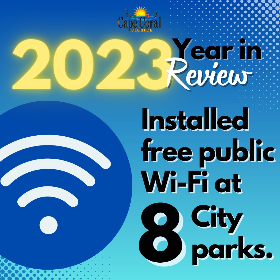 CapeCoral's tweet image. 🌟 Year in Review: Connecting Communities in 2023 📡

Reflecting on the strides made in 2023, we&apos;re thrilled to announce the installation of free public Wi-Fi at 8 of our city parks! Enhancing connectivity and fostering community engagement. #CapeCoral2023 #CommunityConnectivity