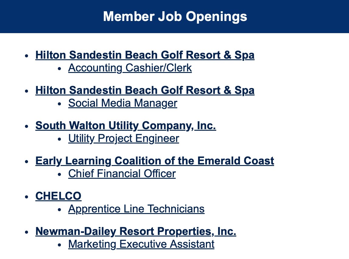 Looking for that perfect job? The Chamber can help! For a full list of available positions in Walton County, please go online to WaltonAreaChamber.com!