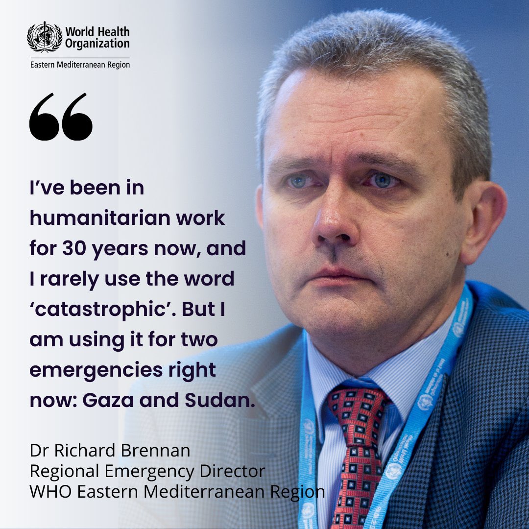 iTsAnToOnY's tweet photo. “I’ve been in humanitarian work for 30 years now, and I rarely use the word ‘catastrophic’. But I am using it for two emergencies right now: Gaza and Sudan.”

- Dr Richard Brennan, Regional Emergency Director, WHO Eastern Mediterranean Region

#KeepEyesOnSudan https://t.co/pS9BrXLZJ3