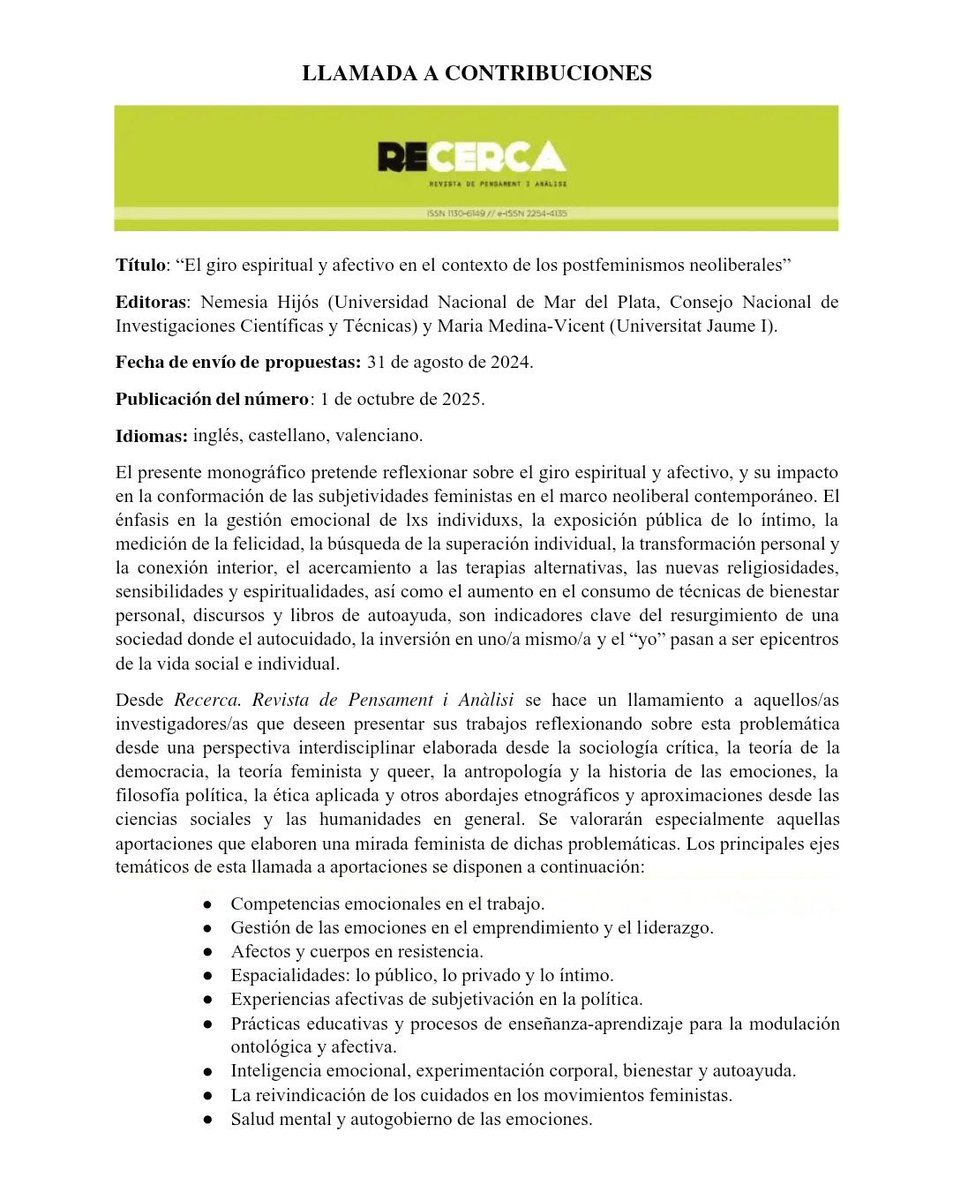 nemehijos's tweet photo. 📣 CONVOCATORIA ABIERTA | "El giro espiritual y afectivo en el contexto de los postfeminismos neoliberales" con Maria Medina-Vincent 💜
#RecercaRevista de @UJIuniversitat 🇪🇦
🗓️ Recepción de trabajos: 31 de agosto de 2024
📝 Publicación: octubre 2025
🔗 https://t.co/ZCFq8rTaYR https://t.co/0vtGnhdRok
