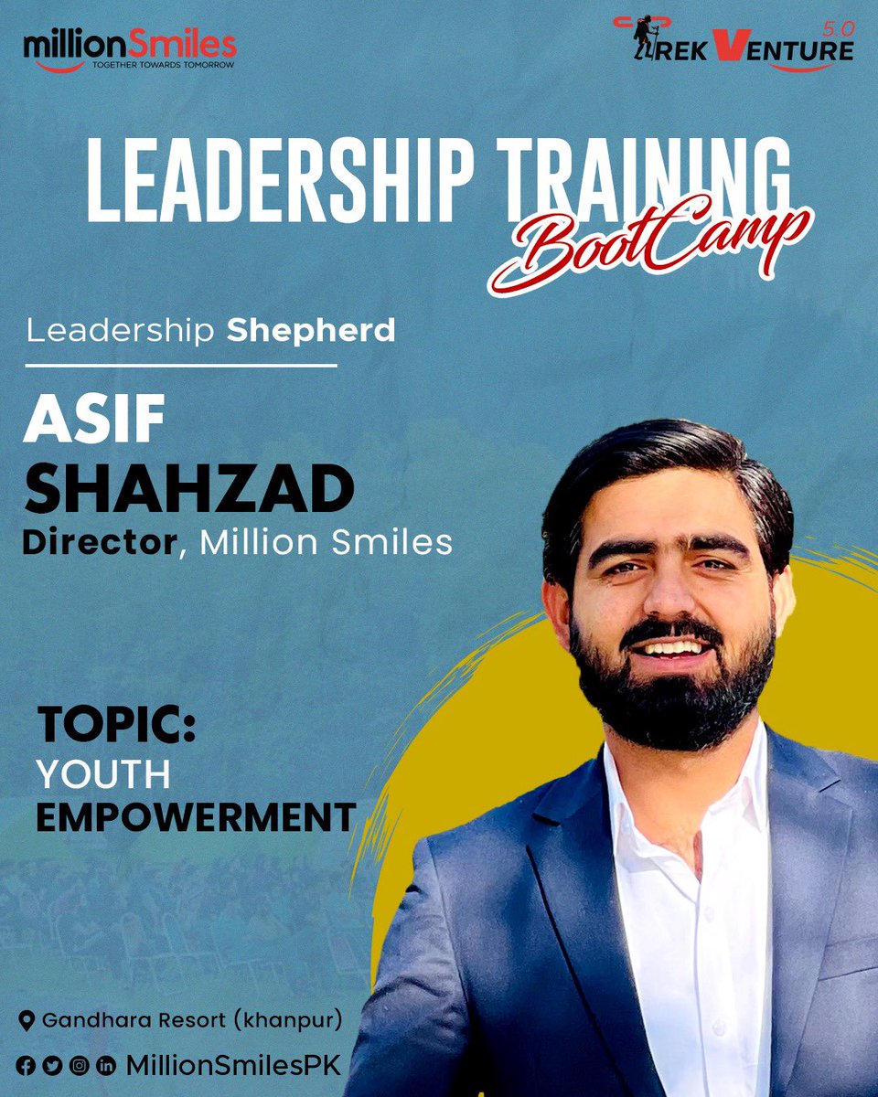 MillionSmilesPK's tweet photo. The Leadership Shepherds at Trek Venture 5.0 - Leadership Bootcamp by Million Smiles.

Meet Mr. Asif Shahzad, Director Million Smiles Trainings & Development, who will be joining as "Leadership Shepherd" at Pakistan's Largest Youth Leadership Bootcamp this December.

He will be speaking to over 120 Delegates coming across 39 plus cities & 67plus universities on "Youth Empowerment & Community Building".

A Million Smiles of Leadership always.

#Leadership #Shepherd #YouthDevelopment #MillionSmiles #Diversity #WomenDigitalLeaders #Inclusion #FinancialInclusion #JazzCash #BankOfPunjab #Pakistan