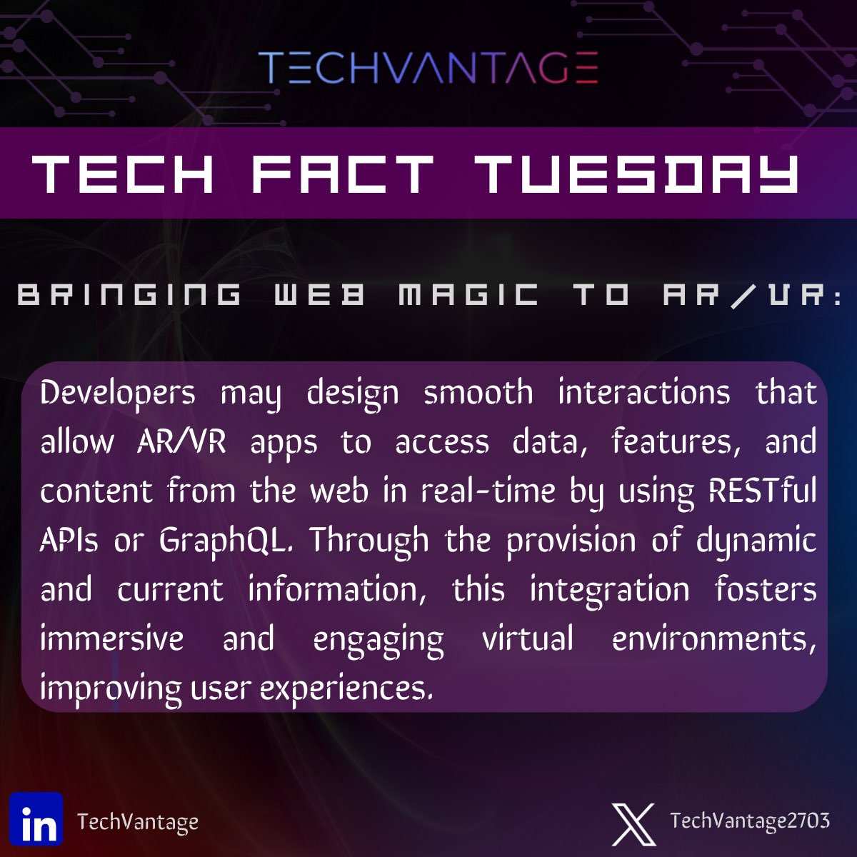 TechVantage2703's tweet photo. Tech Fact Tuesday ✨💡
Web Services: The Secret Sauce for Incredible AR/VR Adventures! 🚀💻 Explore how these digital connectors elevate VR experiences by bringing the web to life!
#TechFactTuesday #AR #VR #WebServices #TechInnovation"
#technology #Web3 #webdevelopmentservice https://t.co/x4HqzXc6kf