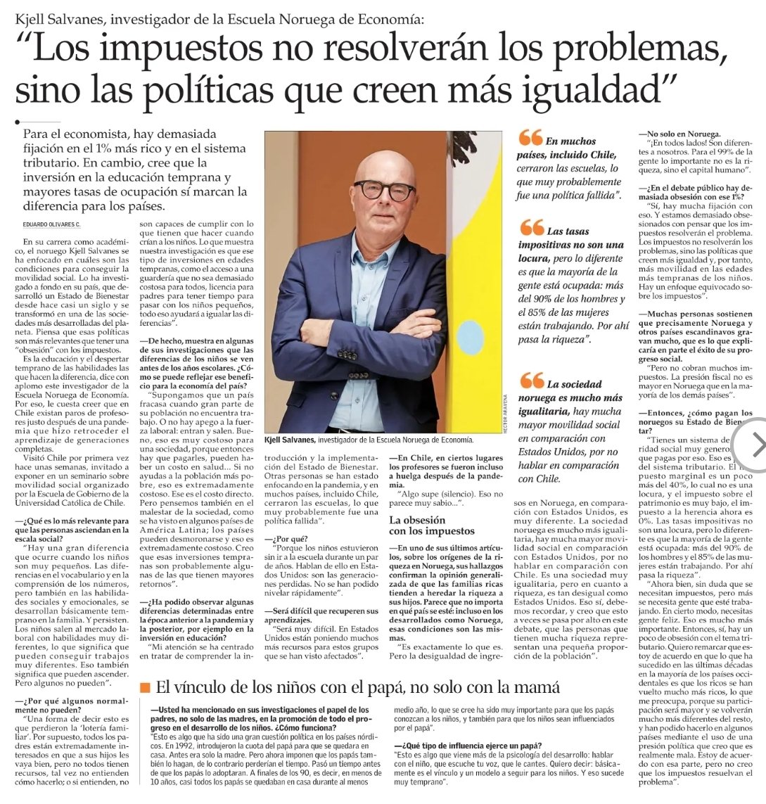 javalenzuelamk's tweet photo. [HILO 🧵] "Los impuestos no resolverán los problemas, sino las políticas que creen más igualdad"

Entrevista a Kjell Salvanes, economista noruego y director del Centro de Investigación Experimental en Justicia, Desigualdad y Racionalidad. 

Un mejor enfoque en desigualdad. https://t.co/yTjioYELRN