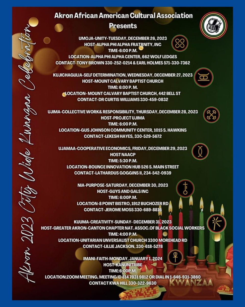 shammasmalik's tweet photo. Hi folks! Check out these dates and locations for the city-wide Kwanza celebration. Kicking off today!
#Akron #TogetherForAkron https://t.co/TwVMx1rt2q