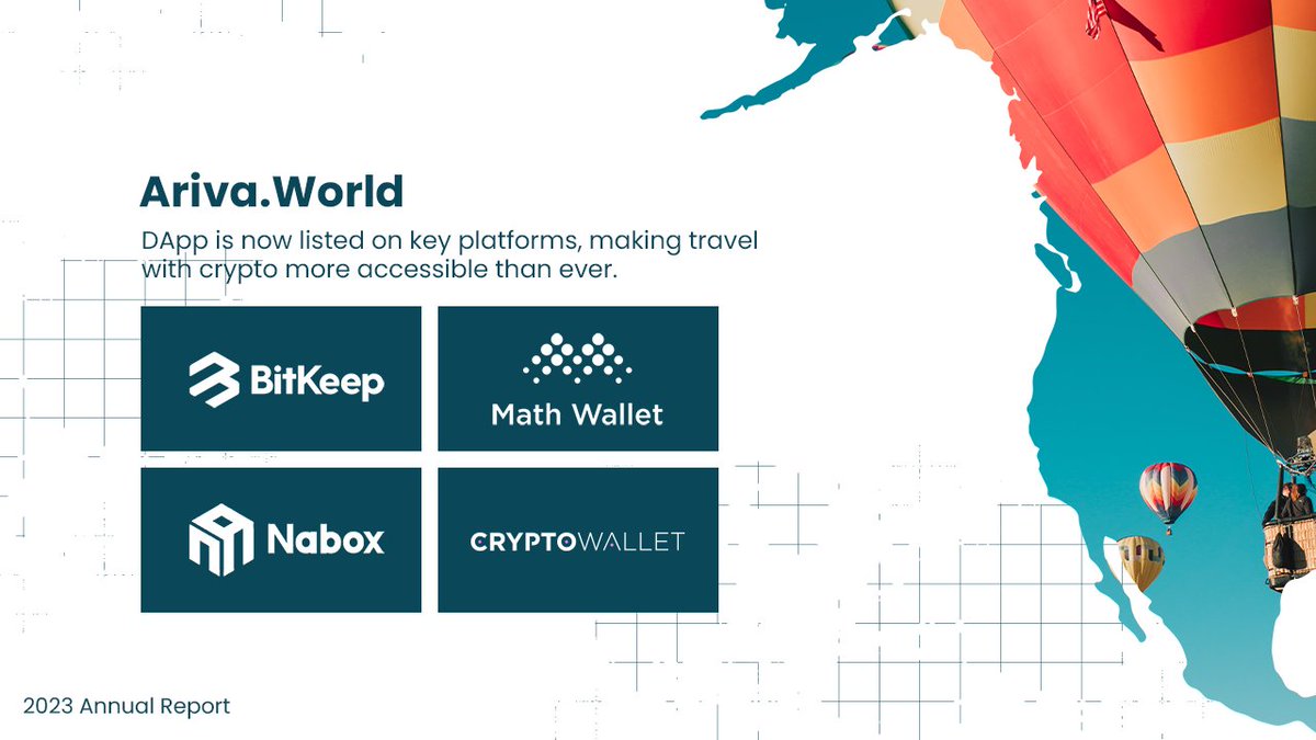 ArivaCoin's tweet photo. 2023 brought new milestones for #ArivaWorld! 🚀 Our #DApp is now listed on key platforms, making travel with #crypto more accessible than ever. 🔹 Listed on #BitKeep @BitKeepOS🔹 Available on @MathWallet🔹 Featured on @naboxwallet🔹 Also on CryptoWallet @CryptoWalletcom, enhancing your travel experience with $ARV. #Ariva2023

11/18