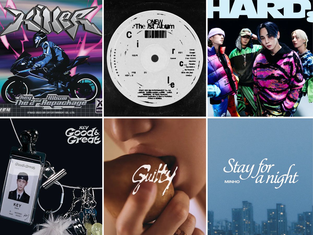 23. 2월 키 Killer
23. 3월 온유 Circle
23. 6월 샤이니 Hard
23. 9월 키 Good &amp; Great
23. 11월 태민 Guilty
24. 1월 민호 Stay for a Night
.
.
.
16년차 아이돌 샤이니, 365일 안에 6컴백...