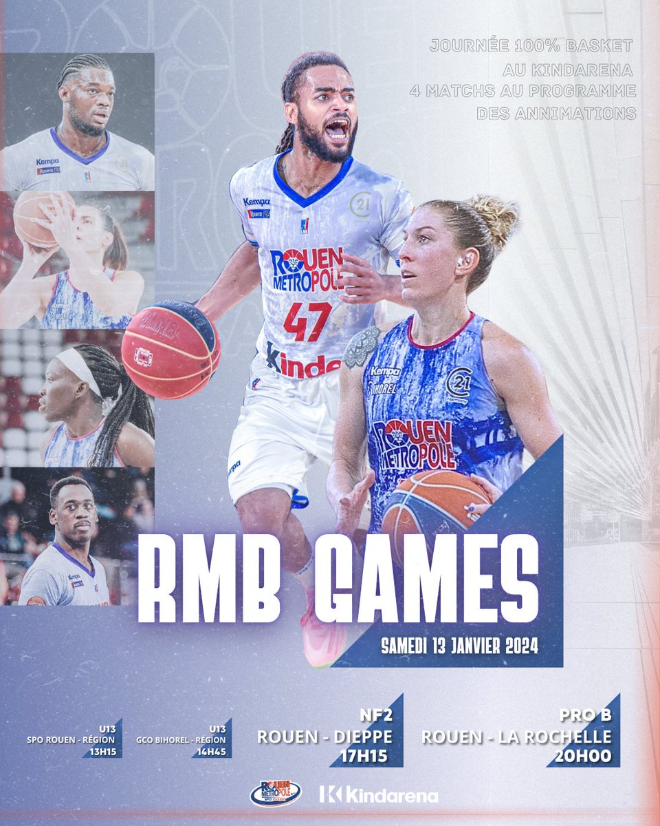 Changement de date pour le retour du RMB à domicile en 2024 ! 📢📢

On vous donne rendez 𝐥𝐞 𝐬𝐚𝐦𝐞𝐝𝐢 𝟏𝟑 𝐣𝐚𝐧𝐯𝐢𝐞𝐫 pour une journée avec 4 matchs au programme au  <a href="/LeKindarena/">Le Kindarena</a> ⛹️‍♀️⛹️⛹️‍♂️

🎟️Réservez dès maintenant le double match (NF2 et Pro B)  ➡️ibit.ly/dj7JP