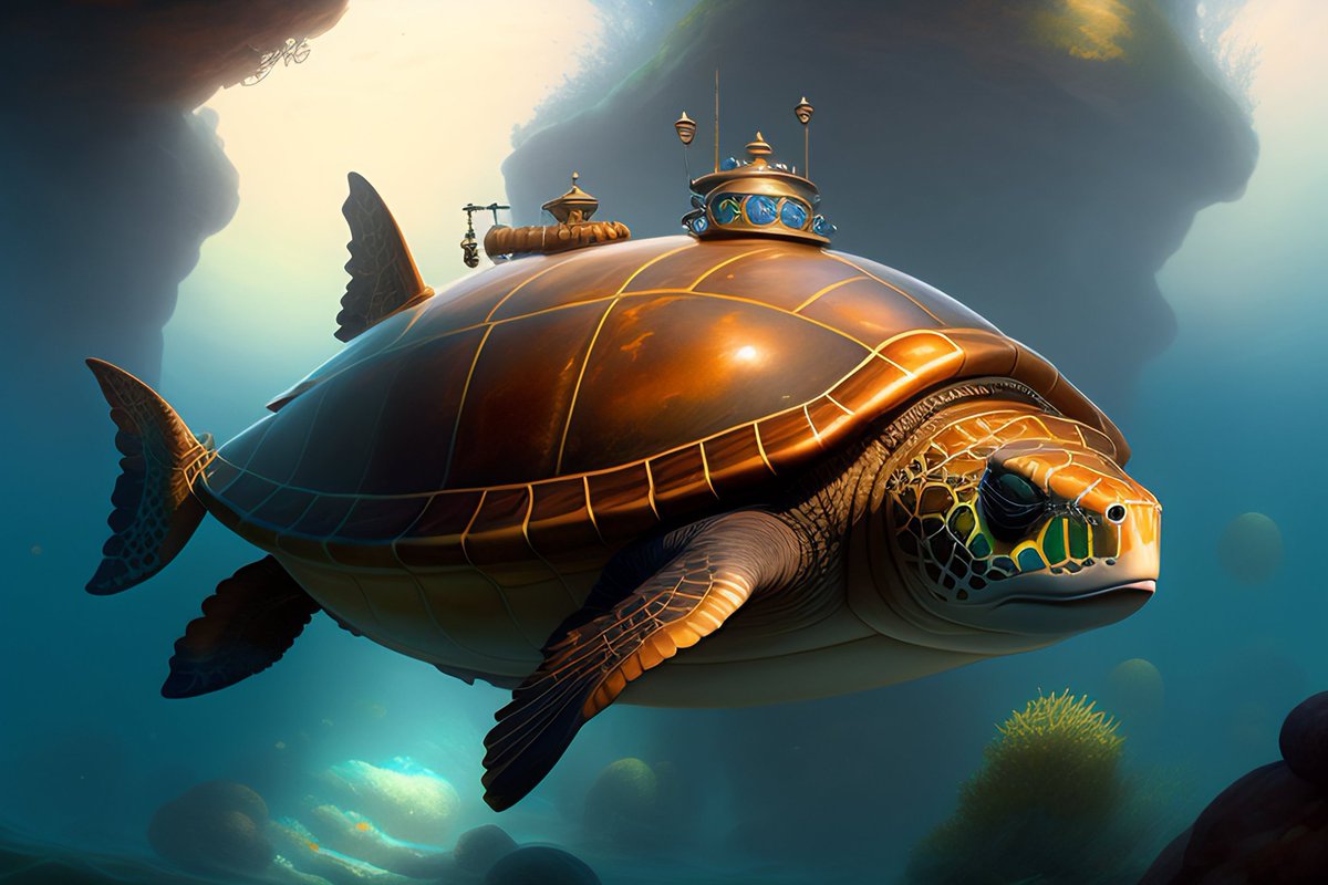 AI_ImageMuseum's tweet photo. Dive into adventure with this incredible steampunk turtle submarine!
#steampunk #turtle #submarine #ocean #underwater #fantasy #art #creativity #imagination #adventure #steampunkturtle #seaturtlesub #mecha #robot #gadget #oceanexploration #deepsea https://t.co/elC0Trb1cR