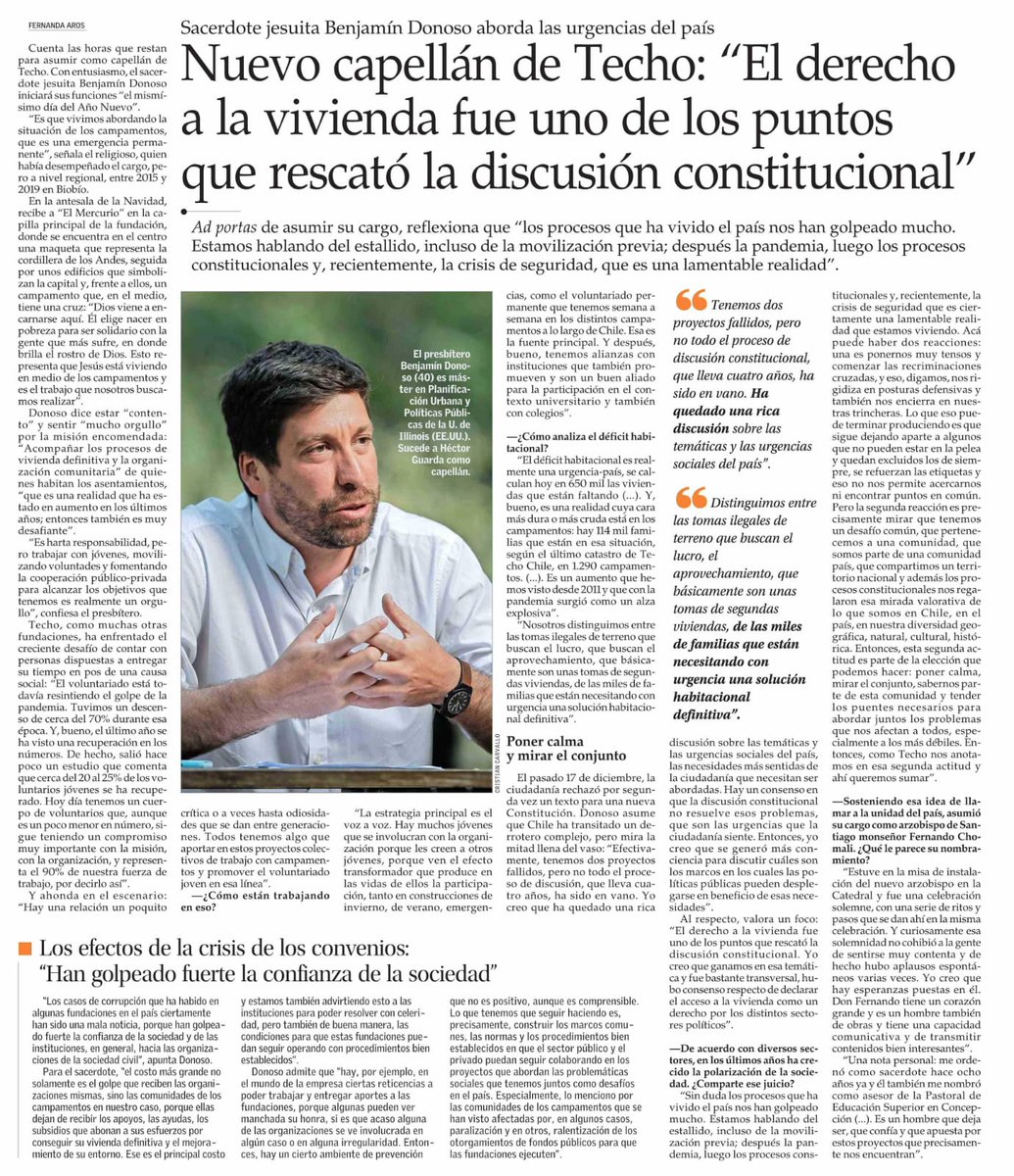 TECHOChile's tweet photo. Este fin de semana @Elmercuriocl entrevistó a Benjamín Donoso SJ, quién asumirá como nuevo Capellán de TECHO-Chile en enero de 2024. https://t.co/A22pdNthGL