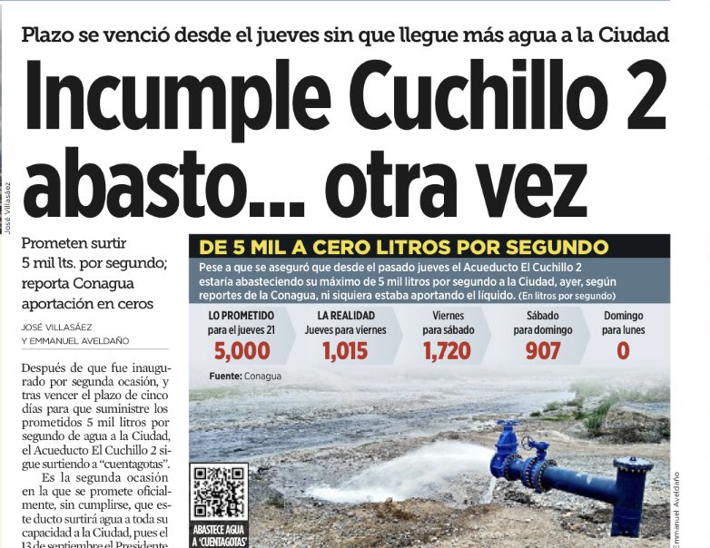 angelcharlsmty's tweet photo. Ni con una segunda inauguración, ni pasando el plazo de los cinco días, el nuevo acueducto del #Cuchillo2 ha cumplido con el abasto prometido de 5 mil lts/seg para la zona metropolitana #Mty y sigue mandando agua a cuentagotas.
https://t.co/o1nKQdhfS8 https://t.co/5kjkjgqvTF