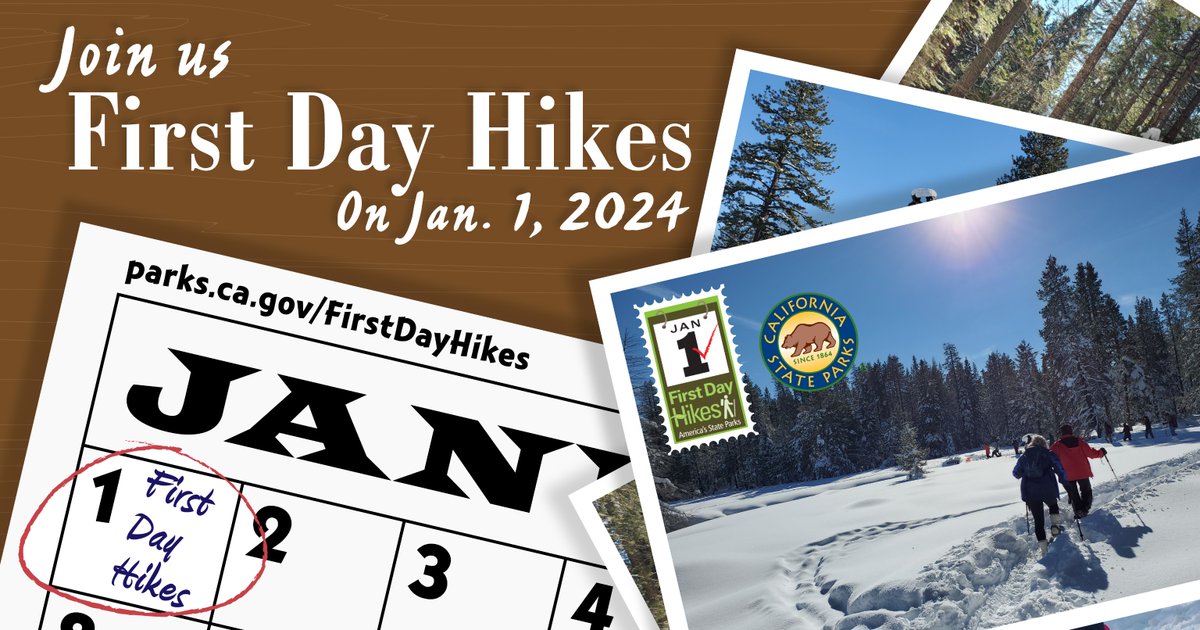 New year, new adventures! California State Parks invites you to #FirstDayHike on Jan 1. With interactive maps and over 80 guided hikes, find the perfect trail near you. Dress warmly, pack snacks, and share your journey!

To learn more, visit parks.ca.gov/FirstDayHikes2….