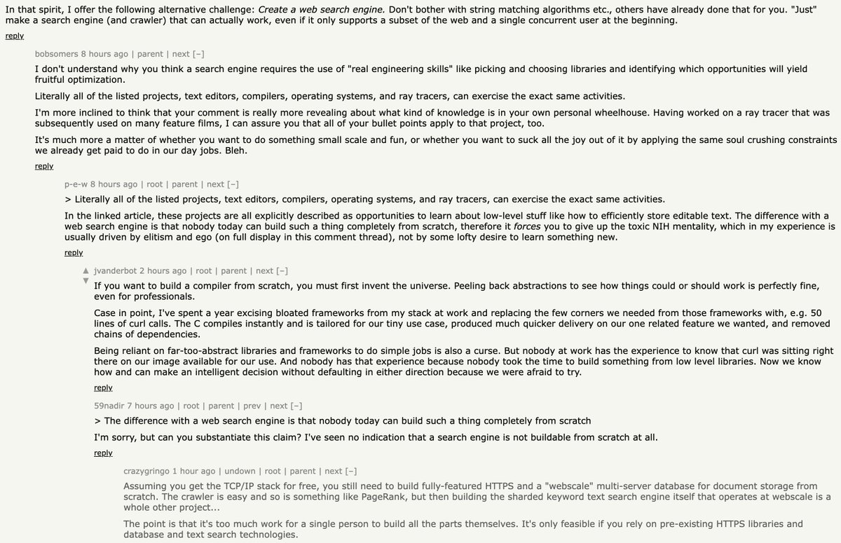 > a single person cannot build a web search engine from scratch

my people, how can you observe folks like andreas kling and not learn the lesson