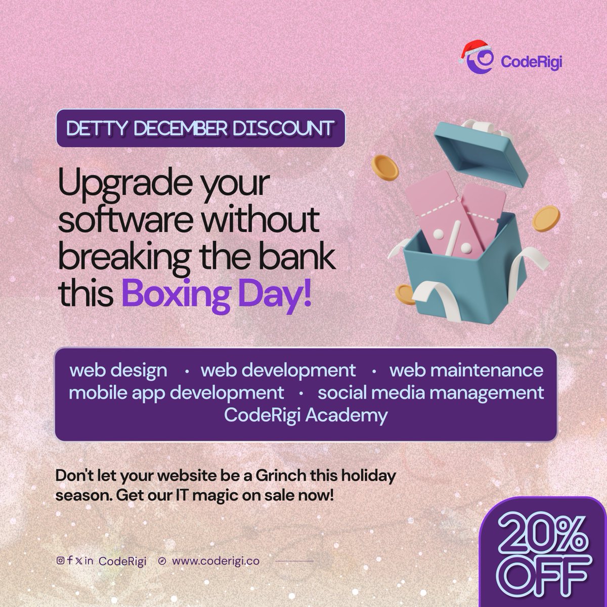 coderigi_'s tweet image. Boxing Day deals so good, they&apos;ll crash your browser (but don&apos;t worry, we&apos;ll fix it!)😉

Don&apos;t miss out! Our Detty December Discount is still available until the 31st of December!
Take a defining decision to start the new year with your software well-maintained and optimized for