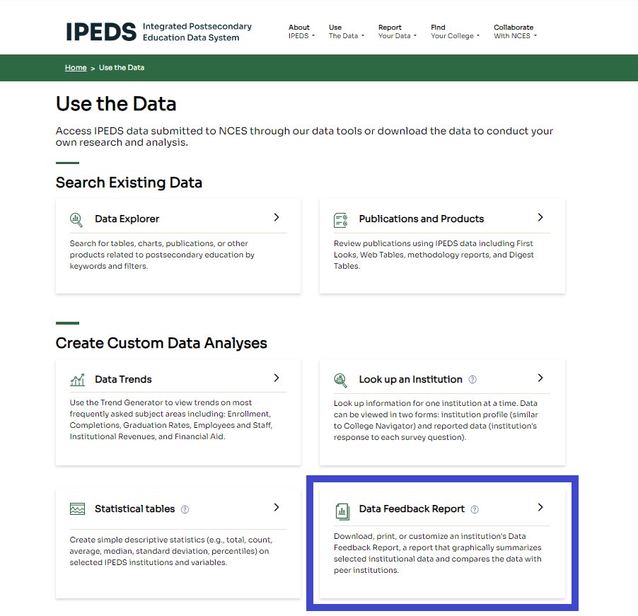 Use the Data Feedback Report #DataTool to download, print, or customize a report that graphically summarizes selected institutional data &amp; compares the data with peer #postsec institutions: nces.ed.gov/ipeds/use-the-…