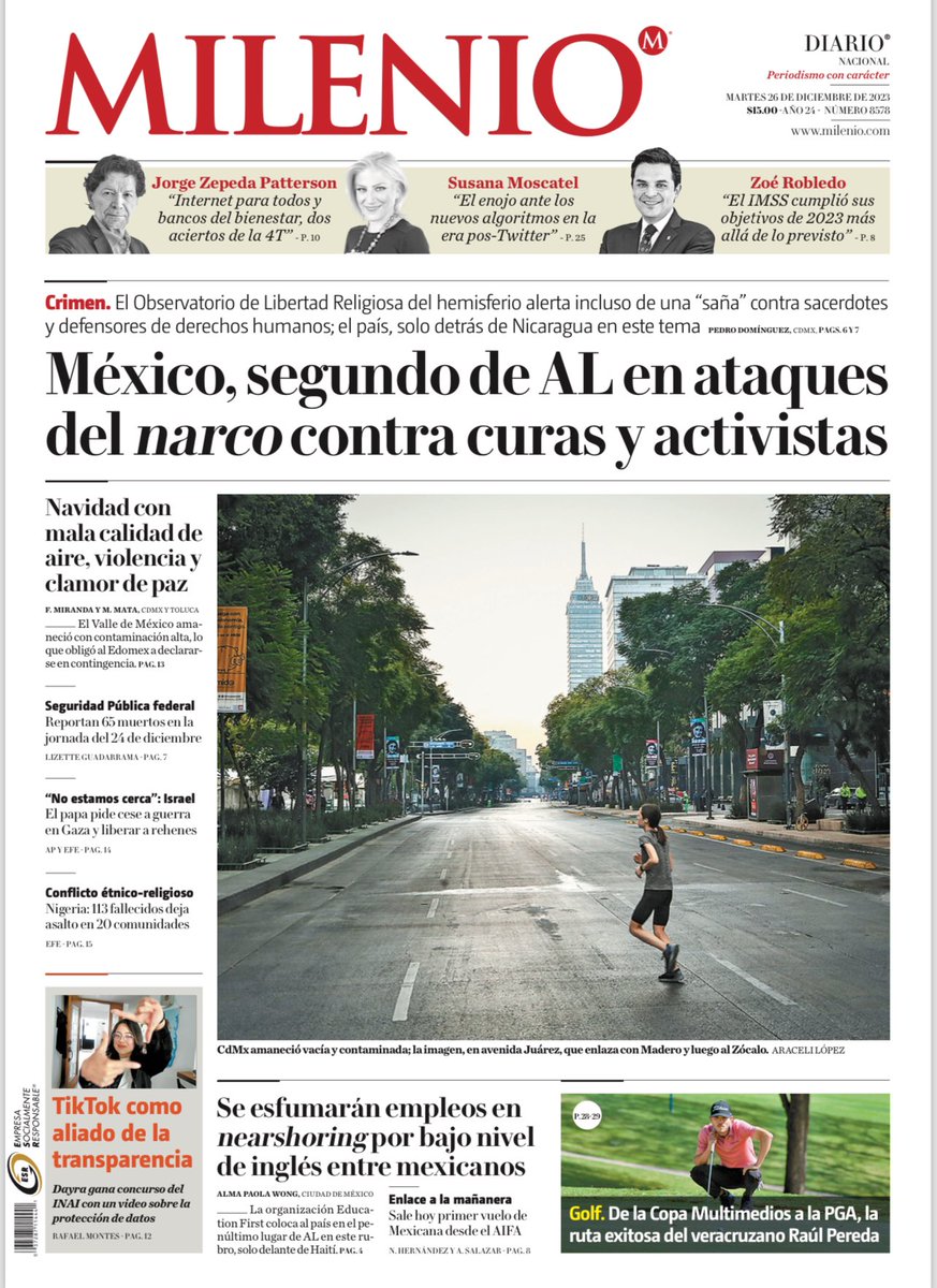 ¡Martes! Y hoy en la edición nacional de <a href="/Milenio/">Milenio</a>:
México, segundo país más violento de América Latina contra curas y activistas. Reportaje de <a href="/PedroDFajardo1/">Pedro</a>.
Si México no mejora su enseñanza de inglés, no podrá aprovechar las ventajas que ofrece el nearshoring. <a href="/Wongui/">Alma Paola Wong</a> 
El
